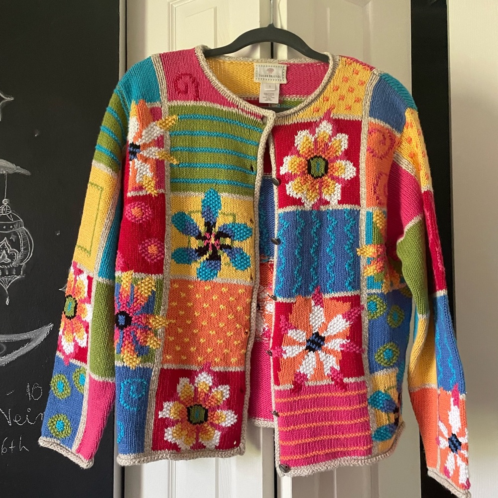 Susan Bristol crochet 100% handmade cotton patchwork colorful sweater cardigan